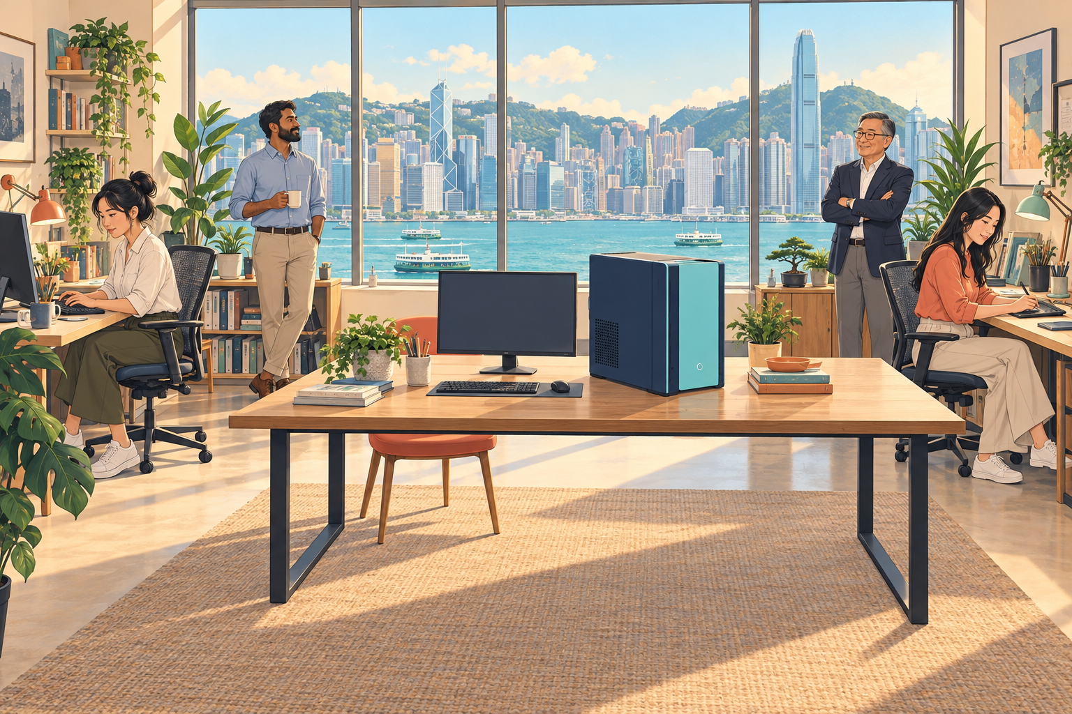 Four colleagues in a Hong Kong harbour office with a fully assembled shared AI workstation