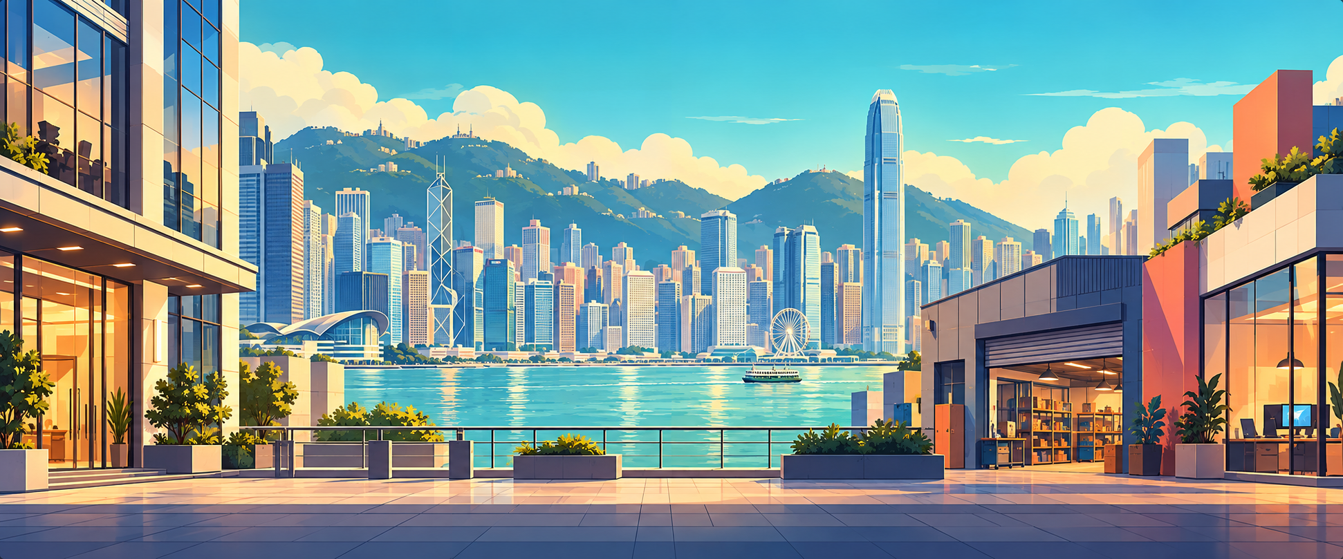 Illustrated Hong Kong harbour, business district, workshop and technology studio